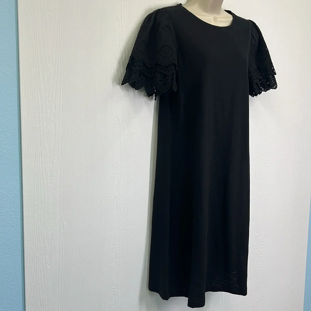 Chicos - Black Crewneck Crochet Tiered Short Sleeves Shirt Midi Dress Size Med